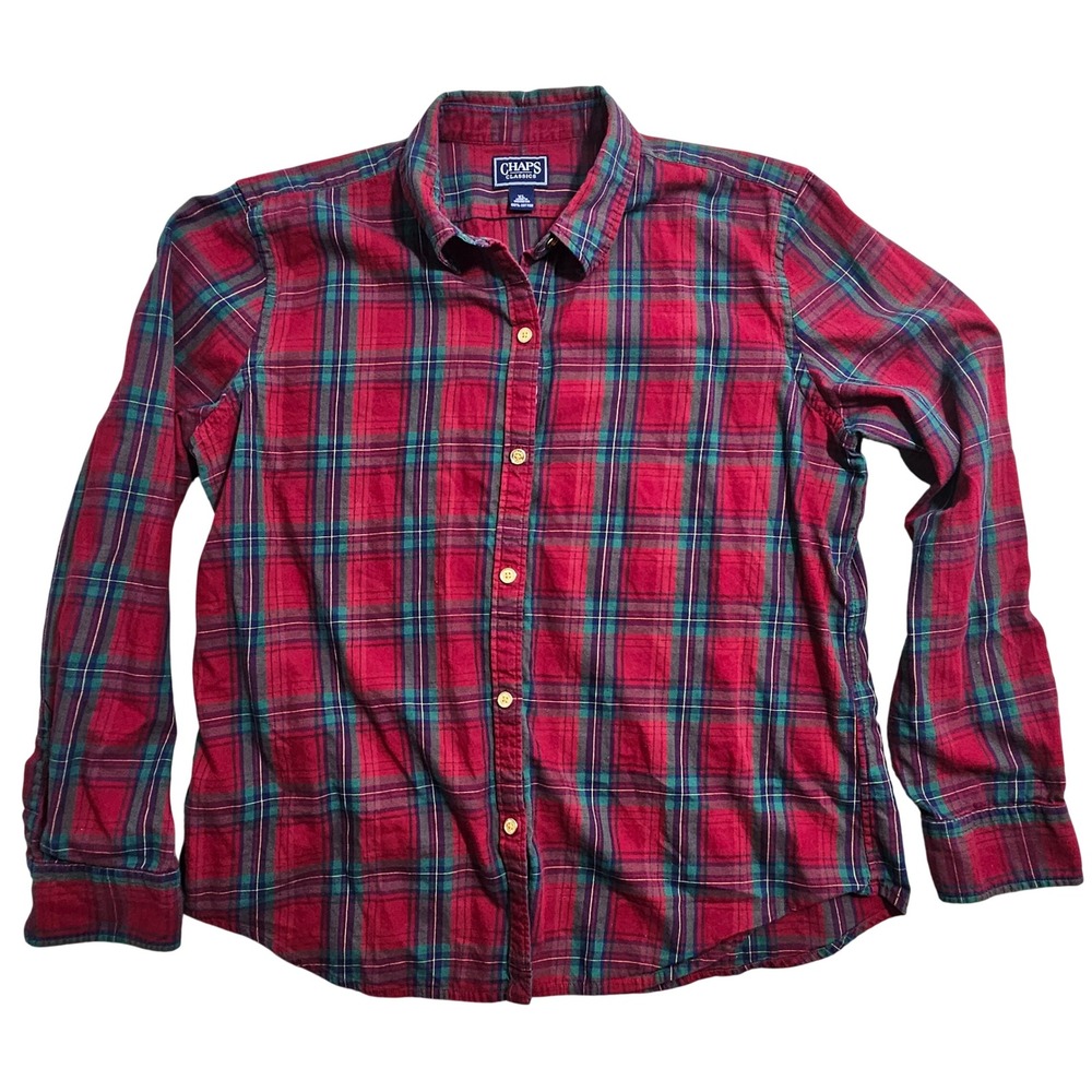 Chaps Classics Womens XL Red Green Plaid Button Down 100% Cotton Shirt Long